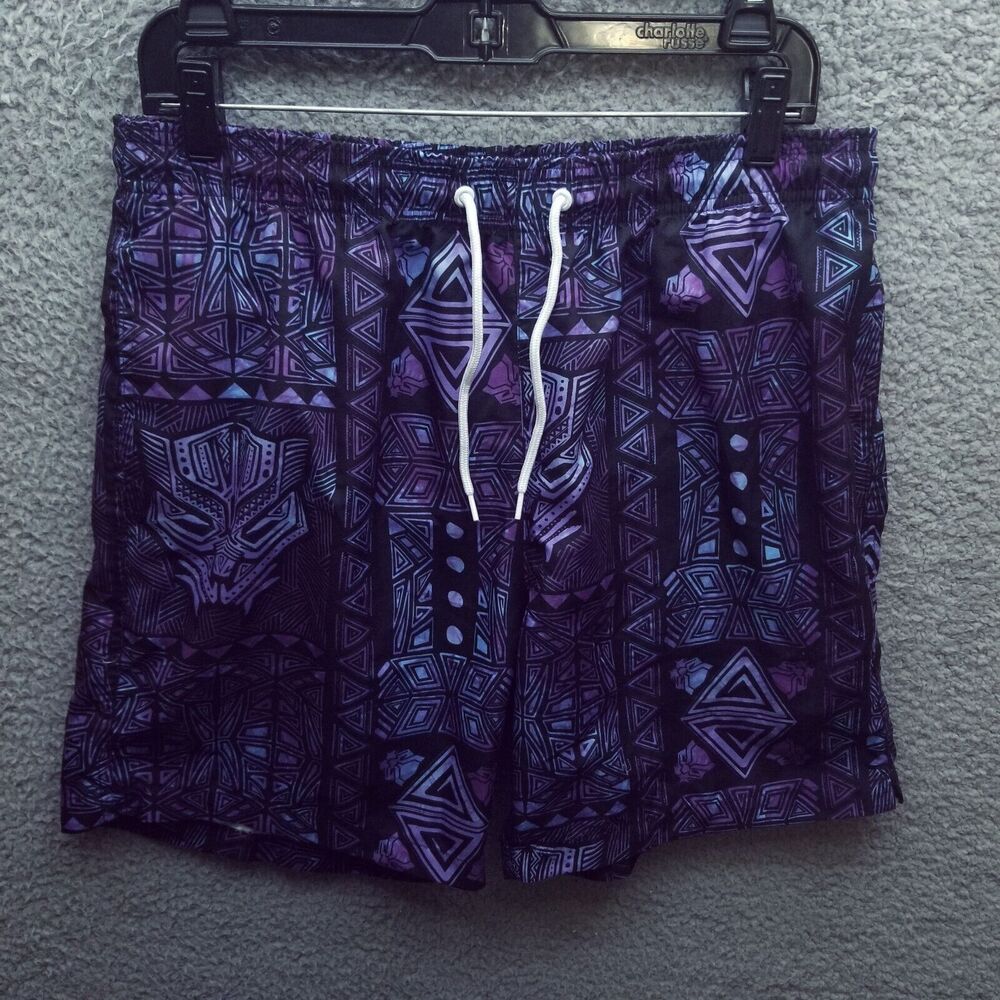 Marvel Men's M Black Panther Geometric Purple Trunks Swimwear 33.5" 6.5" 12.5"